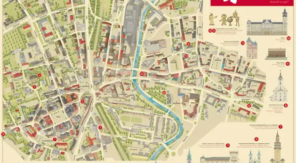 Mapa Bielska-Białej z zaznaczonymi atrakcjami dla dzieci i okolic. Znajdziesz tu m.in. Teatr Polski, Zamek i Muzeum, Kościół Marcina Lutra.