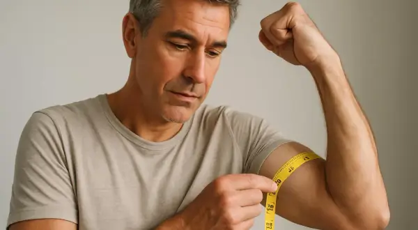 Uomo con metro da sarta misura il braccio, preoccupato per quanta massa muscolare si perde in un mese.