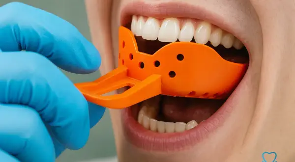 Dentysta w niebieskiej rękawiczce wprowadza pomarańczowy wycisk do ust, pokazując, jak się robi wycisk zębów do protezy.