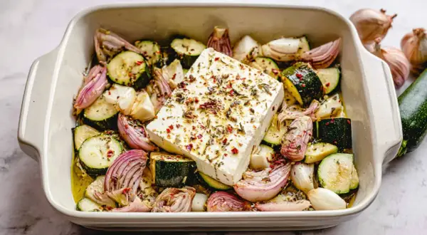 Gebackene Zucchini mit Feta, roten Zwiebeln und Knoblauch in einer Auflaufform, bereit für den Ofen.