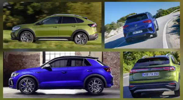 VW Taigo wymiary: zielony i niebieski SUV na tle natury i industrialnych wnętrz. Dynamiczne ujęcia podkreślają jego sportowy charakter.