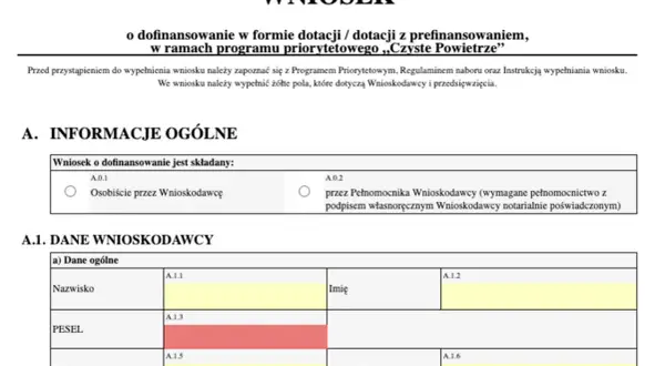 Wniosek o dofinansowanie w ramach programu "Czyste Powietrze". Formularz zawiera sekcje "Informacje ogólne" i "Dane wnioskodawcy", gdzie wpisuje się nazwisko, PESEL i dane kontaktowe.
