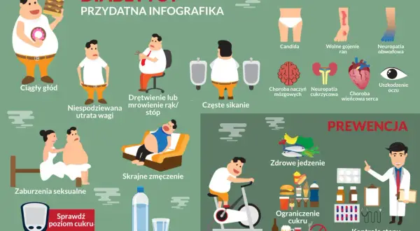 Infografika o objawach cukrzycy: ciągły głód, utrata wagi, drętwienie, zmęczenie, częste sikanie, pragnienie, zaburzenia seksualne. Powikłania: Candida, wolne gojenie ran, neuropatia, choroby serca, oczu, mózgu. Prewencja: sport, zdrowe jedzenie, kontr...