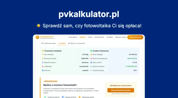 Ekran kalkulatora fotowoltaiki z danymi o instalacji i analizą finansową.