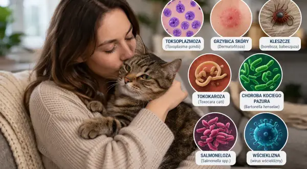 Kobieta tuli kota, a obok grafiki przedstawiające choroby od kota: toksoplazmozę, grzybicę, kleszcze, tokokarozę, chorobę kociego pazura, salmonellę i wściekliznę.