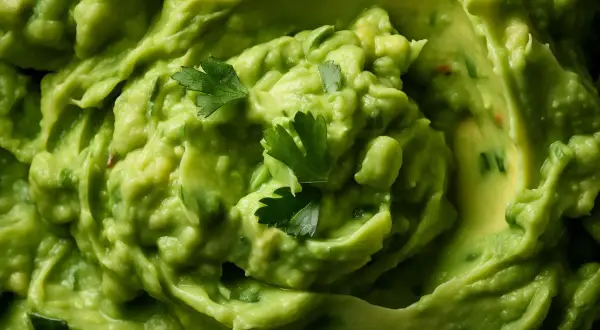 Gęsta, kremowa pasta z awokado, ozdobiona listkami świeżej kolendry. Idealna do nachos lub jako dodatek do kanapek.