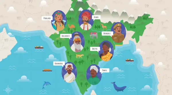 Mapa Indii z postaciami reprezentującymi języki: hindi, pendżabski, gudżarati, bengalski, orija, kannada i tamilski. Indie język urzędowy.
