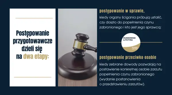Młotek sędziowski i tekst o postępowaniu przygotowawczym w sprawie karnej. Adwokat sprawa karna.