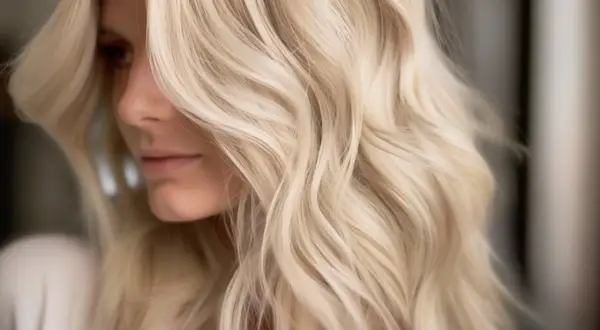 En kvinna med vackert, ljust slingat hår som faller i mjuka vågor. Hennes profil syns svagt genom det blonda håret.