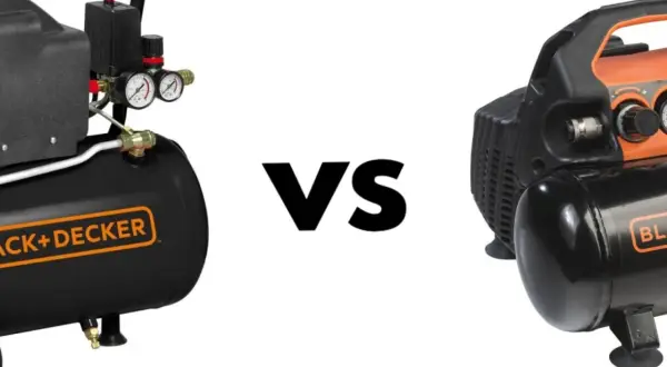 Dwa kompresory Black+Decker, jeden olejowy, drugi bezolejowy, z napisem VS pośrodku.