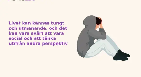 En person sitter hopsjunken med händerna över huvudet, en bild som kan symbolisera melankoli symtom. Texten lyder: "Livet kan kännas tungt och utmanande, och det kan vara svårt att vara social och att tänka utifrån andra perspektiv.