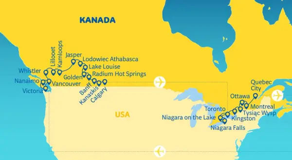 Mapa turystyczna Kanady z zaznaczonymi miastami: Vancouver, Calgary, Toronto, Montreal, Ottawa, Quebec.