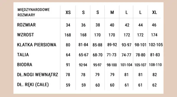 Tabela rozmiarów odzieży. Najmniejszy rozmiar to XS, odpowiadający rozmiarowi 34, wzrostowi 168 cm i obwodom: klatka 80 cm, talia 64 cm, biodra 91 cm.