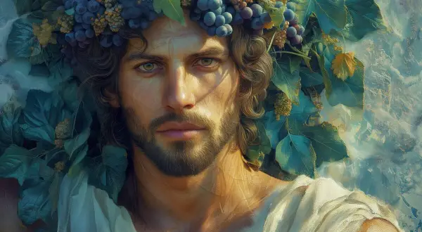 Dionysos, dieu du vin et des fêtes, couronné de raisins et de feuilles de vigne.