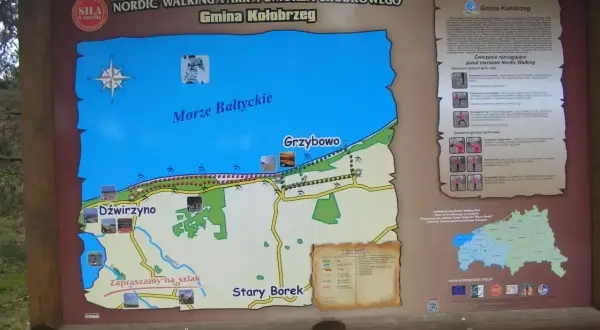 Mapa szlaków Nordic Walking: odległość Grzybowo - Dźwirzyno, plaża, Morze Bałtyckie, ćwiczenia.