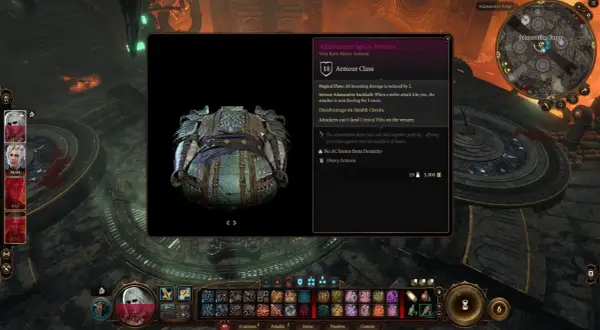Zbroja z kuźni adamantyny w Baldur's Gate 3. Ciężka zbroja zredukuje obrażenia i sprawi, że atakujący zostaną odrzuceni.