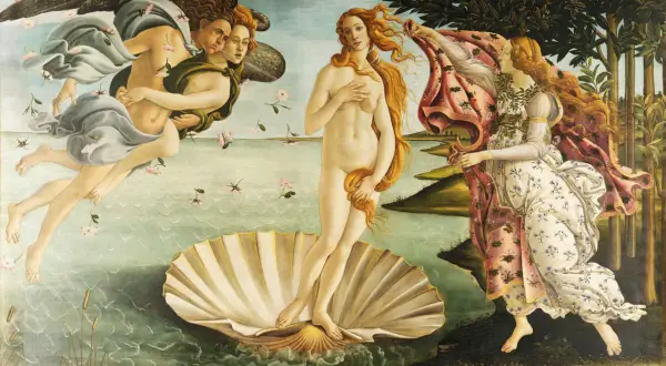 Narodziny Wenus, jedno z najsłynniejszych **sandro botticelli dzieła**. Wenus na muszli, wiatr i bogini wiosny.