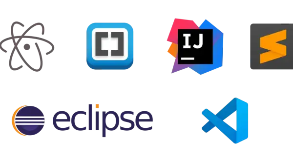 Logos d'IDE : Atom, Brackets, IntelliJ IDEA, Sublime Text, Eclipse, Visual Studio Code. Le meilleur IDE dépend de vos besoins.
