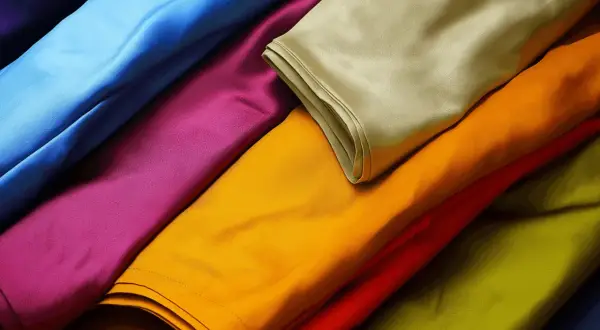 Bunte Stoffbahnen, die an die Viskose Herstellung erinnern. Leuchtende Farben wie Blau, Lila, Gelb und Grün sind übereinandergelegt.