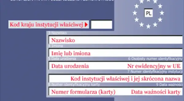 Europejska Karta Ubezpieczenia Zdrowotnego, potwierdzająca przynależność do NFZ. Widoczne pola na dane osobowe i identyfikacyjne.