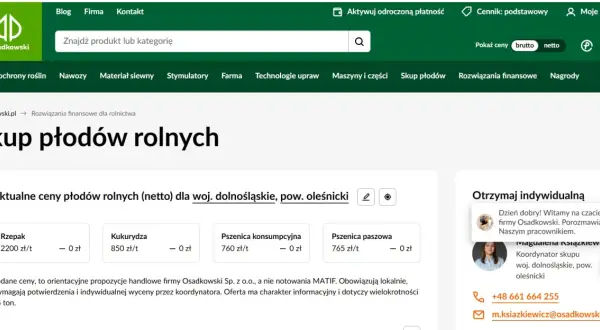 Osadkowski ceny skupu zbóż: rzepak, kukurydza, pszenica konsumpcyjna i paszowa (netto) dla woj. dolnośląskiego, pow. oleśnickiego.