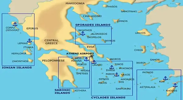 Mapa Grecji z zaznaczonymi archipelagami: Wyspy Jońskie, Sarońskie, Sporady, Cyklady i Dodekanez. Odkryj najpiękniejsze wyspy greckie!