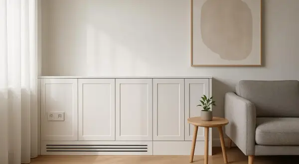 Elegancka zabudowa meblowa to sposób, jak zamaskować rury na ścianie. Minimalistyczny salon z sofą i stolikiem.