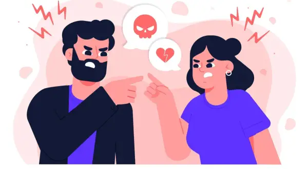 Pareja discutiendo, con un cráneo y un corazón roto en burbujas de diálogo. Su **relación intermitente** parece estar en crisis.