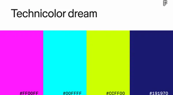 A "Technicolor dream" palette featuring vibrant colors: hot pink, electric cyan, lime green, and deep navy.
