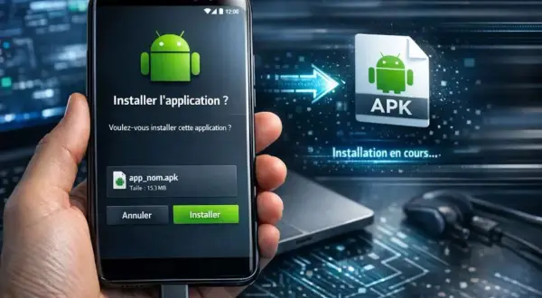 Installation d'un fichier apk android sur un smartphone. L'écran affiche "Installer l'application ?" avec les options "Annuler" et "Installer".