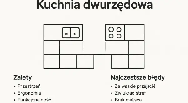 Jak zaprojektuj i wybuduj kuchnię dwurzędową? Schemat pokazuje układ, zalety i błędy.