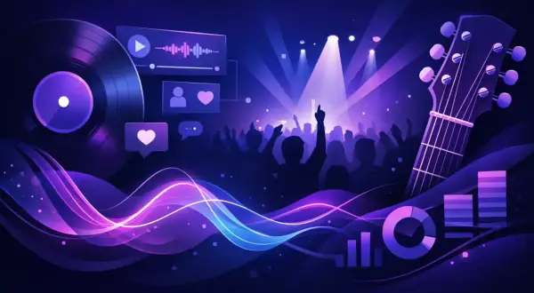Visualizing the elements to build a music website: a vinyl record, sound waves, a guitar, and a concert crowd.