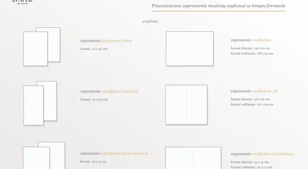 Przykłady zaproszeń: pojedyncza karta (14x20 cm), rozkładane (14x20 cm złożone, 28x20 cm rozłożone). Różne wymiary zaproszenia.