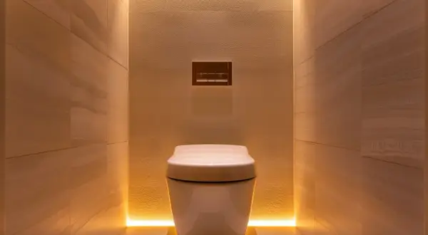 Une toilette suspendue blanche, nichée dans un alcôve aux murs de pierre, avec un éclairage LED subtil pour une deco wc moderne et apaisante.