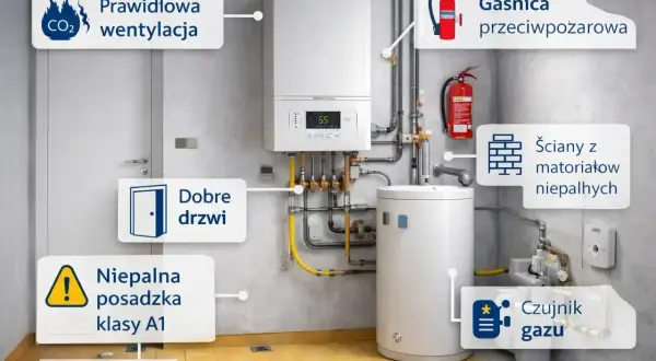 Kotłownia z nowoczesnym kotłem gazowym i zasobnikiem. Widać tu otwarta komora spalania, gaśnicę, czujnik gazu i inne elementy bezpieczeństwa.