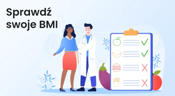 Lekarz mierzy pacjentkę taśmą, obok lista z produktami: jabłko, banan (zalecane), burger, frytki (niezalecane). Sprawdź swoje BMI.