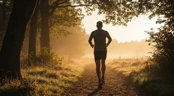 Un coureur solitaire sur un sentier boisé au lever du soleil, s'entraînant pour son semi-marathon, visant un certain pourcentage VMA.