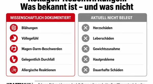 Kollagen-Nebenwirkungen: Blähungen, Völlegefühl, Magen-Darm-Beschwerden, Durchfall, allergische Reaktionen sind dokumentiert. Herz-, Leber-, Hautschäden und Gewichtszunahme sind nicht belegt.