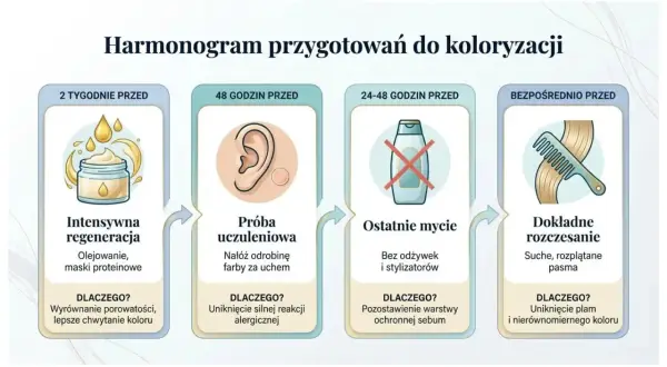 Harmonogram przygotowań do farbowania włosów: regeneracja, próba uczuleniowa, ostatnie mycie i rozczesanie.