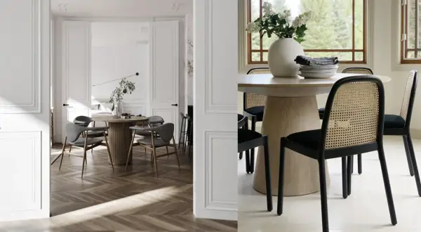 Två eleganta matplatser med runda bord och stolar. Perfekt för att dekorera runt matbordet med stil.