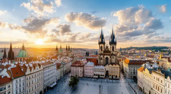 Zachód słońca nad Pragą, idealny na weekend w Czechach. Widok na Rynek Staromiejski z Kościołem Marii Panny przed Tynem.