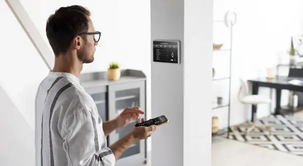 Un homme utilise une télécommande pour installer une alarme sur un écran tactile mural.