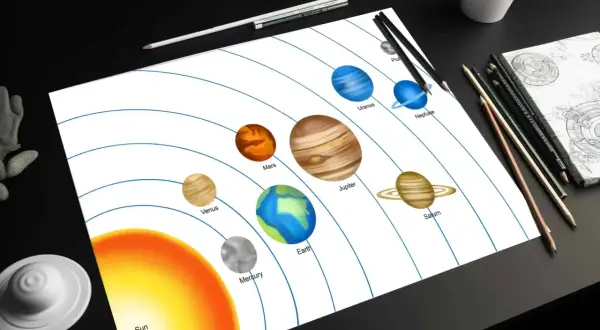 Zeichnung des Sonnensystems mit Sonne und Planeten auf Papier, umgeben von Stiften.