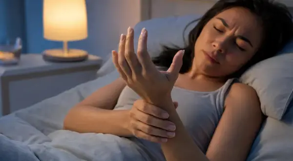 Donna a letto con polpastrelli addormentati, preoccupata per la circolazione.