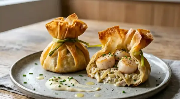 Deux petits sacs croustillants de pâte filo, l'un garni de Saint-Jacques et l'autre mystérieux. Une recette entrée originale et raffinée.