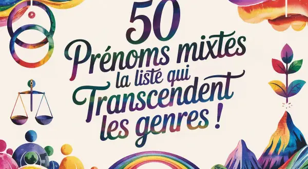 50 prénoms mixtes qui transcendent les genres ! Une liste colorée avec des symboles de diversité et d'égalité.