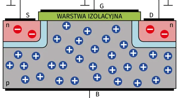 Schemat tranzystora MOSFET. Widoczne elektrody: źródło (S), bramka (G), dren (D) i podłoże (B). Warstwa izolacyjna oddziela bramkę od półprzewodnika.