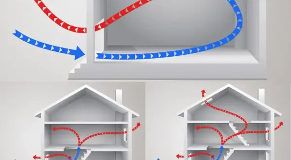Illustration av luftflöden i hus. Blå pilar visar kall luft in, röda visar varm luft ut. Viktigt för att undvika att **radon farligt** samlas.