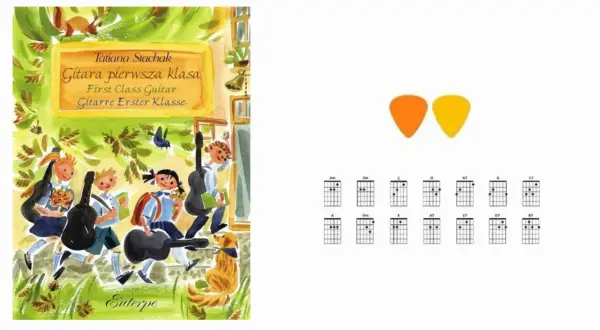 Okładka książki "Gitara pierwsza klasa" z dziećmi niosącymi instrumenty. Obok kostki i diagramy akordów gitarowych.
