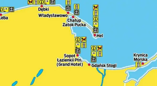 Mapa pokazuje najpiękniejsze miejsca nad polskim morzem, z oznaczeniami plaż, śmietników i zakazów wprowadzania psów.